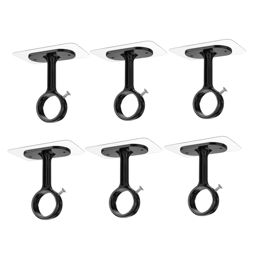 6 Pack No Drill Ceiling Mount Rod Brackets, Heavy Duty Self Adhesive Holders, Adjustable Hooks Hanging Black