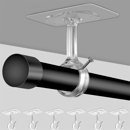 6 Pack No Drill Ceiling Mount Rod Brackets, Heavy Duty Self Adhesive Holders, Adjustable Hooks Hanging Transparent 2