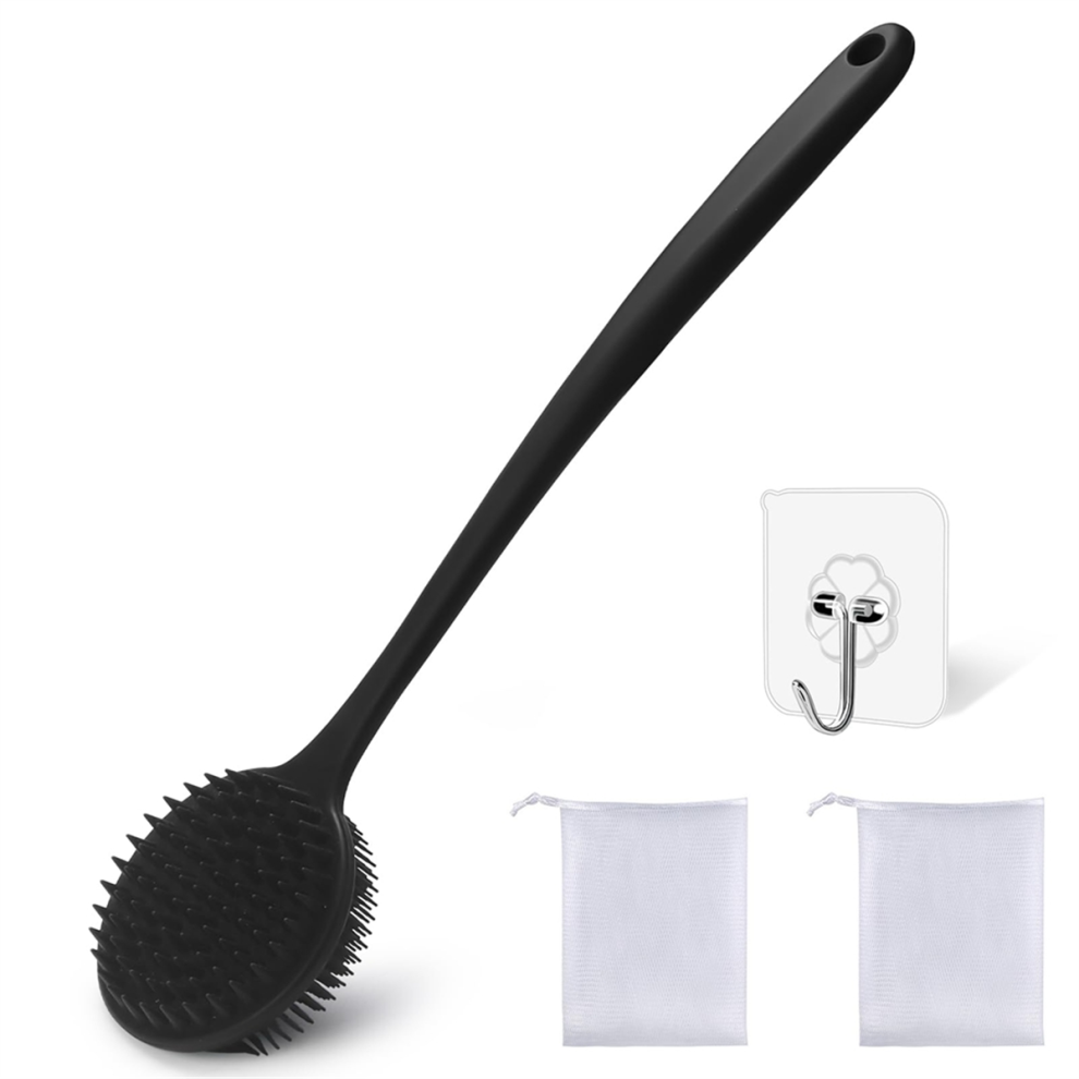 Saudism Dual-Sided Silicone Shower Brush - Long Handle Back Scrubber For Exfoliation & Massage, Creates Rich Lather