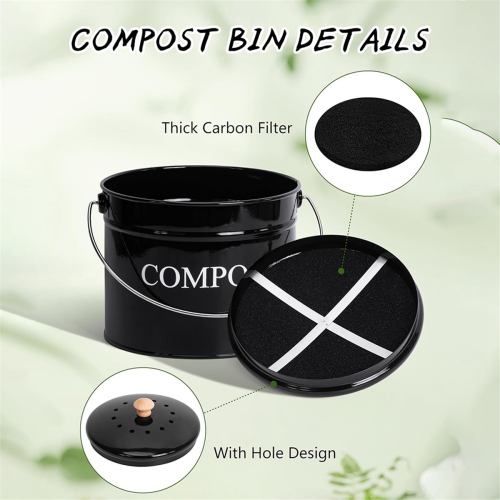 Kitchen Compost Bin for Countertop, 1Gallon Bucket with Lid, Black 2