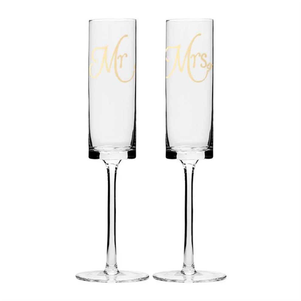 Mr&Mrs Crystal Champagne Flutes (Set of 2) - Lead-Free Glass, Bride & Groom Toasting Glasses, Modern & Elegant Gift for Wedding or Anniversary