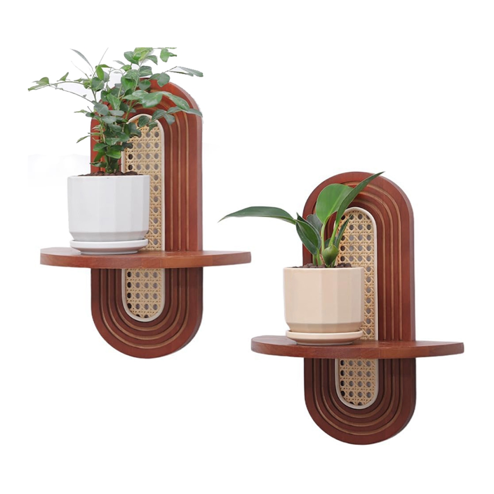 Wall Rattan Shelf Set Of 2,Boho Rustic Wood Floating Shelves Mounted, Small Plants Picture Ledge Decoration 4851537531064