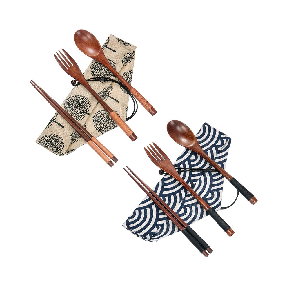 2 Set Wooden Flatware Tableware Cutlery Travel Utensils Tied Line Reusable Flatware, Fork Spoon Chopsticks Saudism