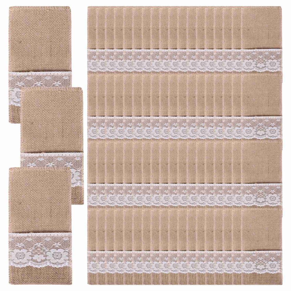 75Pcs Burlap Lace Cutlery Pouch Rustic Wedding Tableware Knife Fork Holder Bag Hessian Table Decoration Accessories Saudism