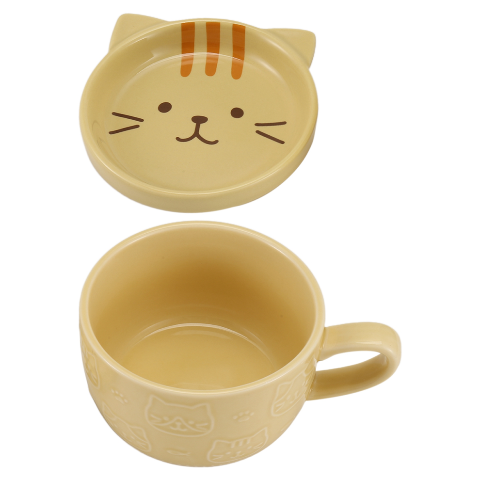Ceramic Coffee Mugs with Lid Cute Cat Porcelain Cup Family Breakfast Milk Juice Beverage(Yellow)-image-OPC-PJSJHNB-NEW