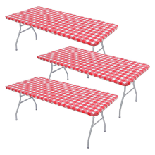 3 Pcs Fitted Tablecloth for Table,Stretch Waterproof Elastic Vinyl Picnic Table Cover with Flannel Backed Lining(Red)