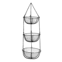 3-Tier Hanging Basket Fruit Organizer Kitchen Heavy Duty Wire with Metal Ceiling Hooks-Black