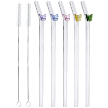 5 Pcs Reusable Glass Straws,Colorful Butterfly on Clear Straws with Design Shatter Resistant Bent Drinking