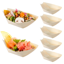 150PCS Disposable Sushi Boats Appetizer Plates Wooden Food Trays Dinner and Sashimi Party Kits