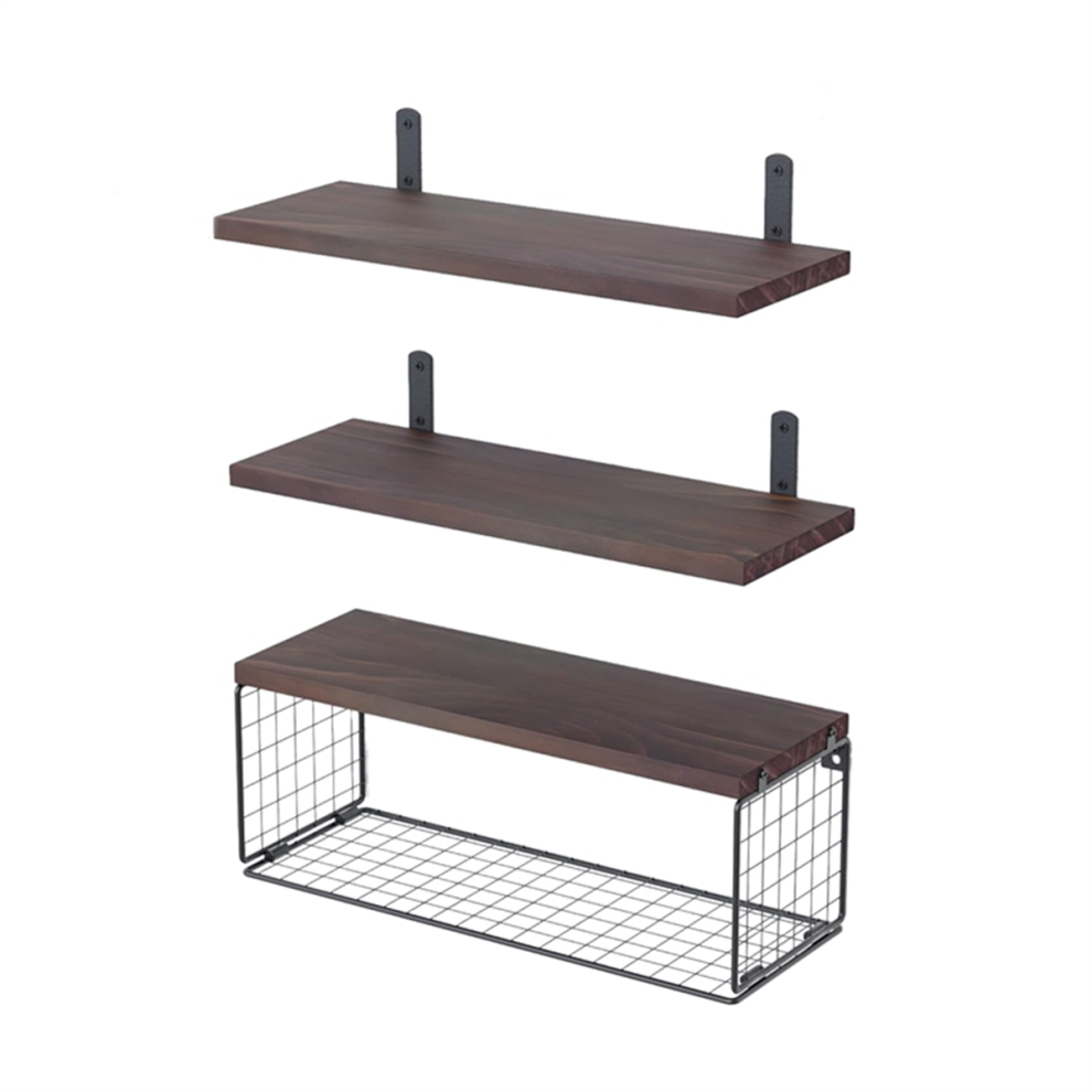 Bathroom Shelves Over Toilet, Floating Wall With Wire Basket, Shelf For Decor Brown 4854076814841