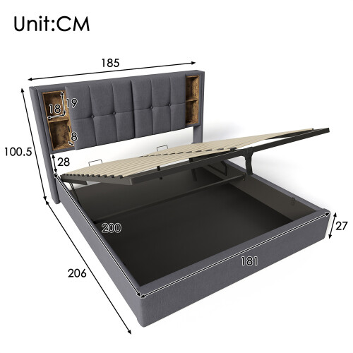 (6FT Super King Size Bed Frame) Linen Ottoman Bed with Wireless Charging, Grey 2