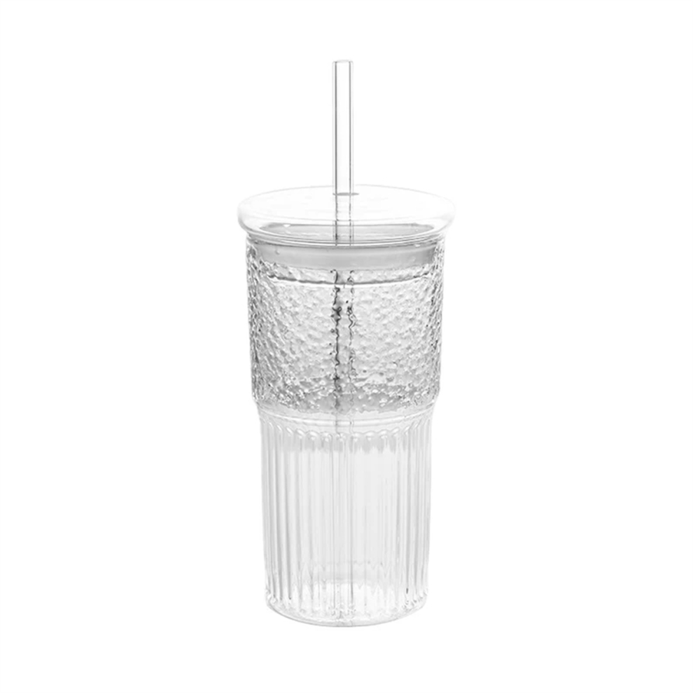600Ml Glass Cup Milk Coffee with Lid and Straw Transparent Stripe Water Mug Drinking Glasses Juice Tea-image-OPC-PJSKJG9-NEW