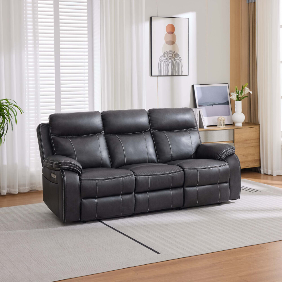 More4homes Vinson Electric Recliner 3 Seater Sofa Air Leather With Built-In Plugs Grey