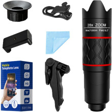 28X Telephoto Lens with Tripod for Phones, 2-in-1 Mobile Phone Camera Lens Kit with Universal Clip(Black)