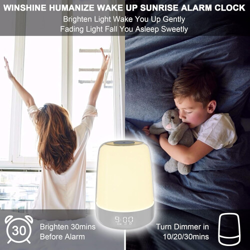 Touch Wake Up Night Light with Sunrise Simulation Alarm Clock, 3 Ways Dimmable Warm(White) 1