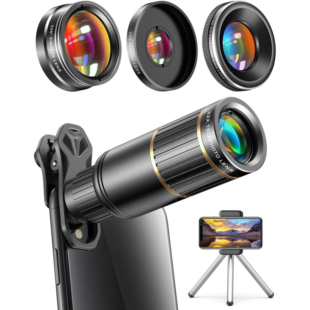 Phone Camera Lens For Iphone, Samsung Galaxy, And Other Phones, 22X Telephoto Lens, 205 Fisheye Lens(Black) Black 6976918078650