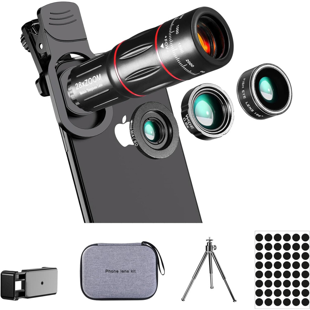 Phone Camera Lens Kit Upgraded Version Telephoto 28X Wide Angle 0.6X Macro 20X Fisheye 198 (Black) Black 6976918078629