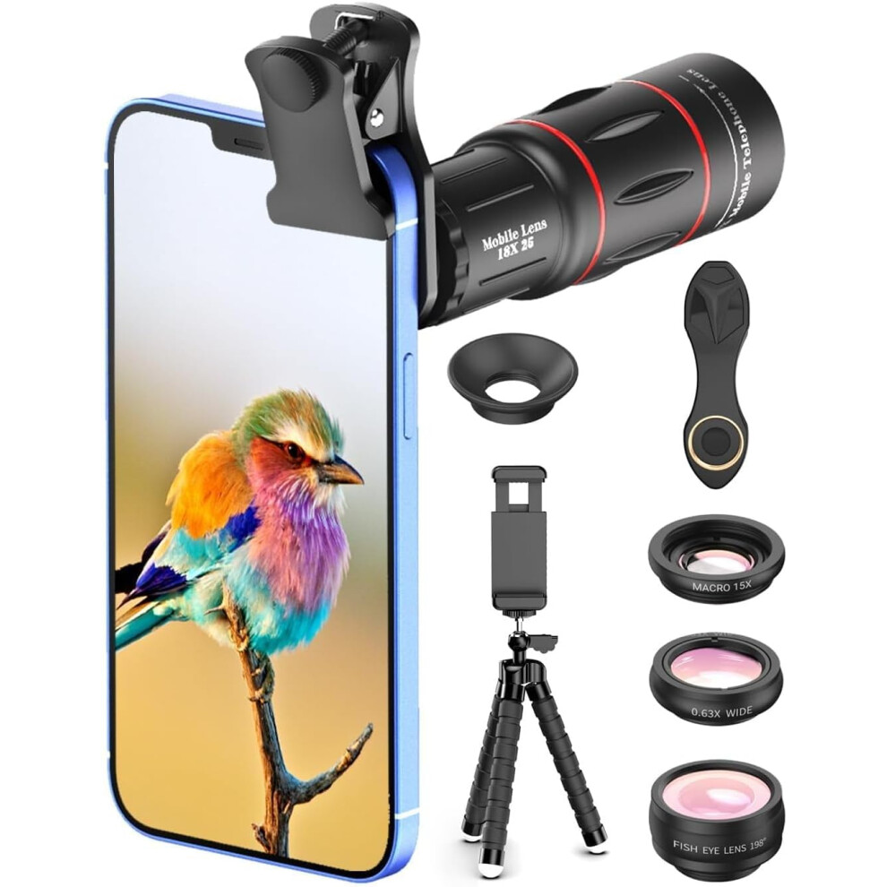 4 In 1 Phone Photography Kit, 18X Telephoto Lens, 198 Fisheye Lens, 15X Macro Lens, 0.63X Wide Angle(Black) Black 6976918078599