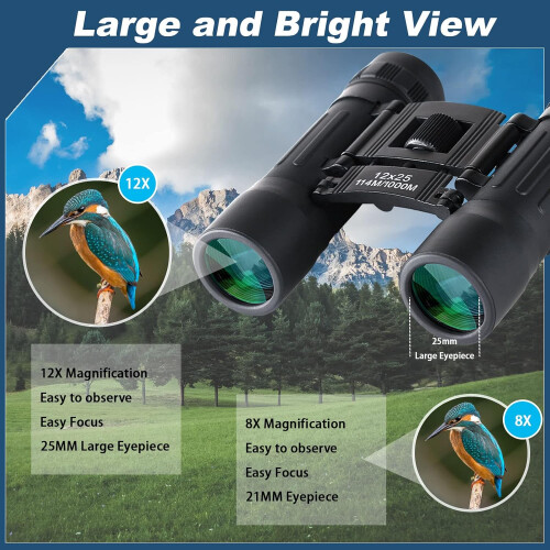 12x25 Compact Binoculars, High Powered Easy Focus Binoculars, Portable Large Eyepiece Binocular (Black) 2