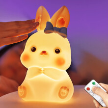 Night Light for Kids, Cute Squishy Bunny Silicone Lamp with Remote, Kawaii Animals Bedside Light Up (Pink)