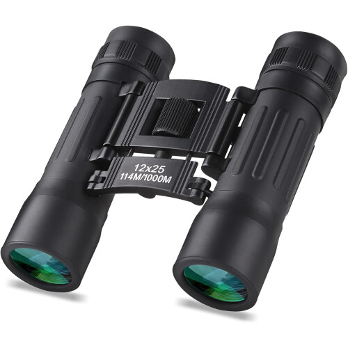 12x25 Compact Binoculars, High Powered Easy Focus Binoculars, Portable Large Eyepiece Binocular (Black)
