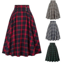 Womens Plaid Wool Skirts Elastic Waist A-line Pleated Tartan Long Skirts