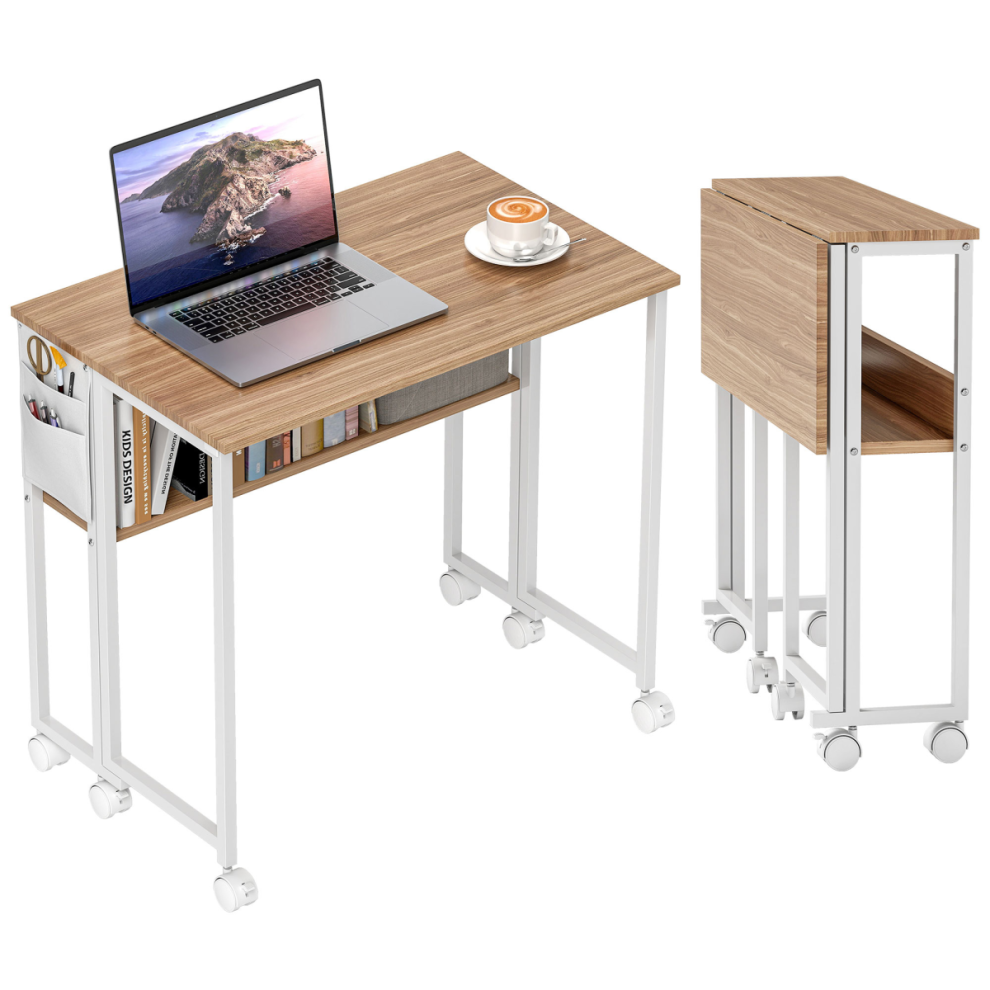 Homcom 80 Cm Foldable Computer Desk On Wheels For Small Spaces Natural