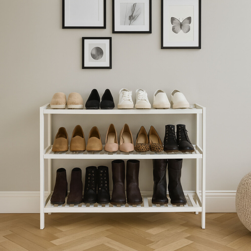 Neo 3-Tier Bamboo Shoe Rack Stand Natural Wooden Shoe Storage Shelf For Hallway Bedroom Bathroom White