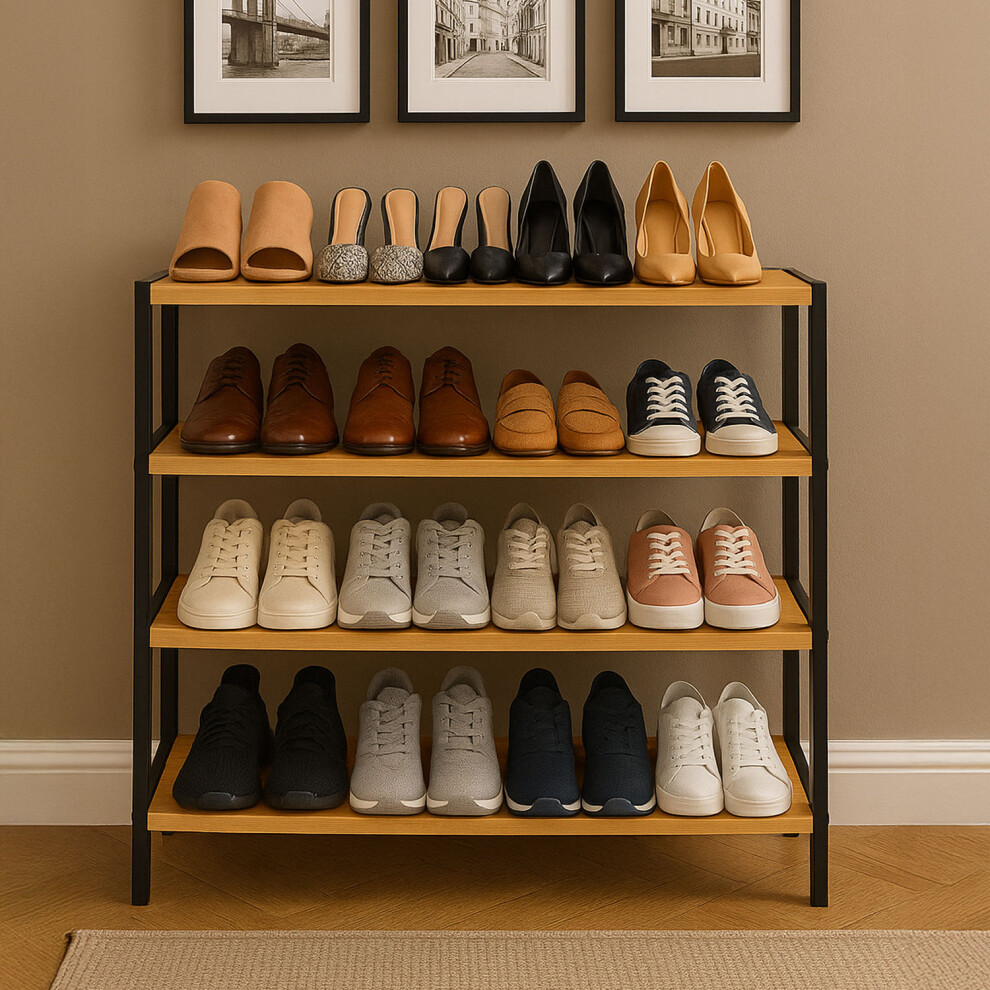 Neo Black / Natural 4-Tier Bamboo Shoe Rack Wooden Shoe Storage Organiser Shelf For Hallway, Entrance Living Room Black,Brown Size 4