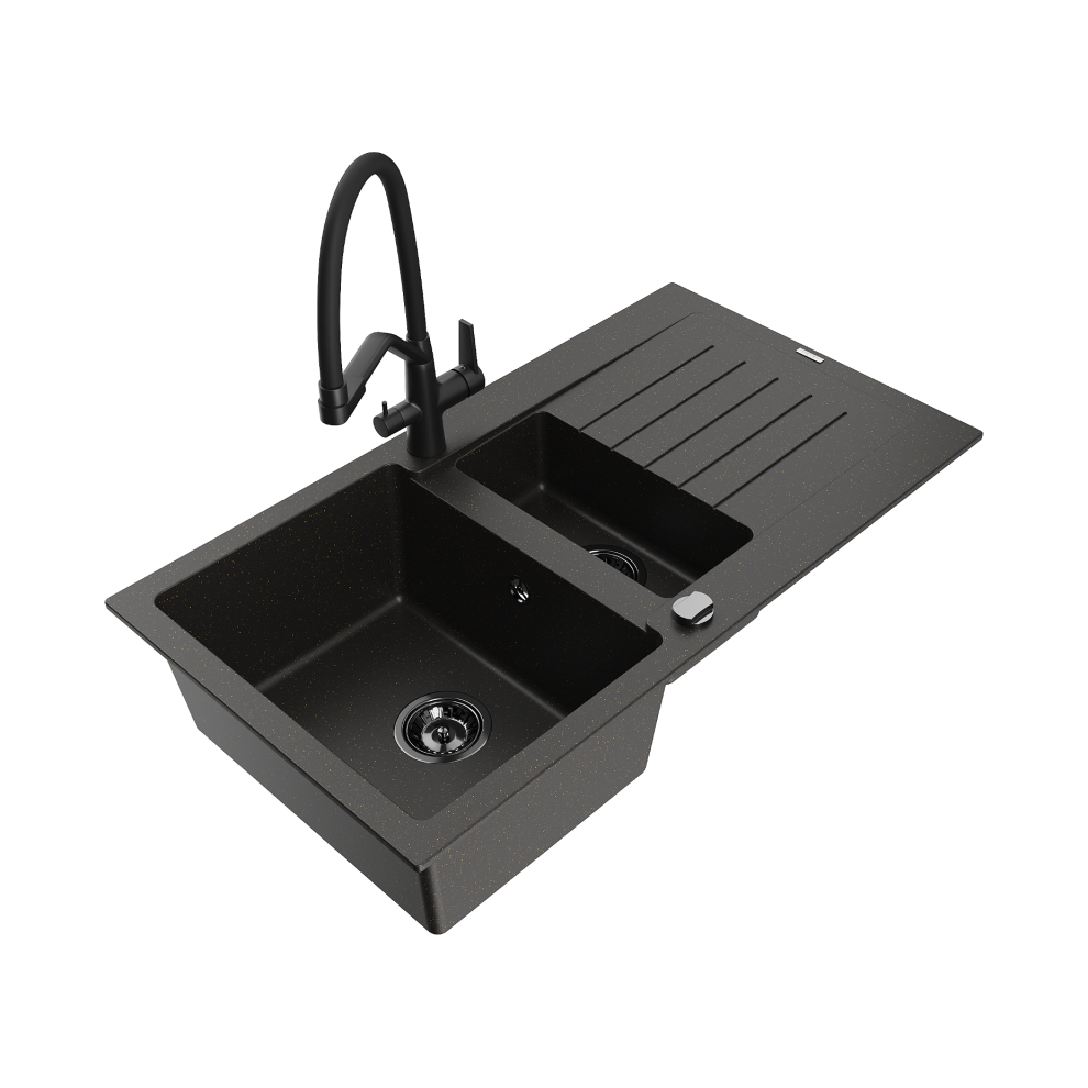 Mexen Matias 1,5-Miskový Granitový DřEz S OdkapáVačEm A KuchyňSkou Baterií Duo, ČErná/Zlatá Kovová - 6502-75-671701-70-B-image