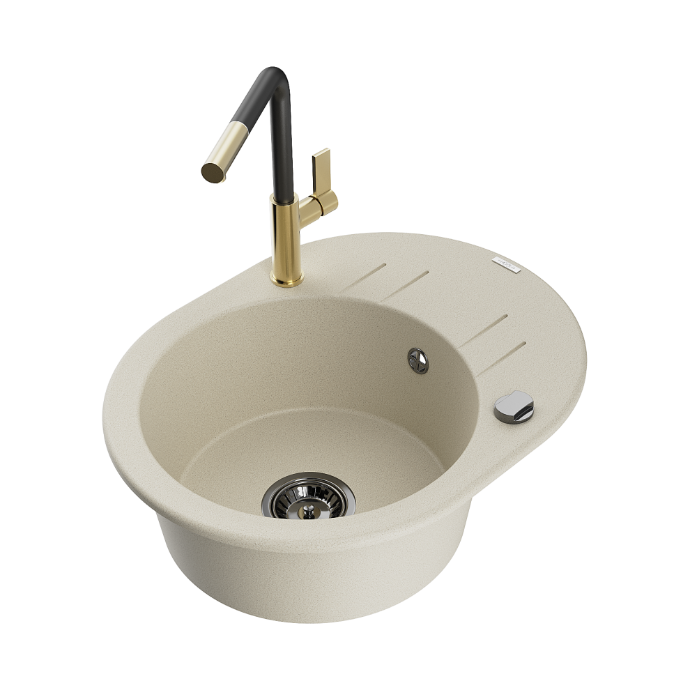 Mexen Kevin 1-Miskový Granitový DřEz S OdkapáVačEm A KuchyňSkou Baterií Flora, BéžOvá - 6517-69-670401-57-B-image