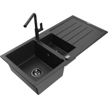 Chiuvetă granit Mexen Andres cu 1,5 cuve și scurgător și baterie Flora, negru/argintiu - 6515-73-670401-70-B