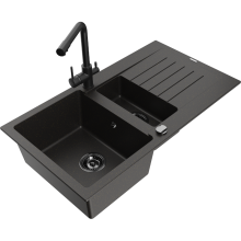 Mexen Matias chiuvetă de bucătărie din granit cu 1,5 cuve cu scurgător și robinet Duero, negru/auriu - 6502-75-671600-70-B
