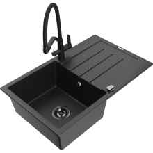 Mexen Bruno chiuvetă granit 1-cameră cu scurgător și baterie bucătărie Duo, negru/argintiu metalic - 6513-73-671701-70-B