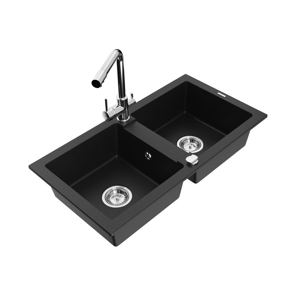 Mexen Mario 2-Miskový Granitový DřEz S KuchyňSkou Baterií Duero, ČErná - 6504-77-671600-00-image