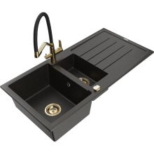 Mexen Andres chiuvetă granit 1,5-camere cu scurgător și baterie de bucătărie Duo, negru/auriu metalic - 6515-75-671701-57-G