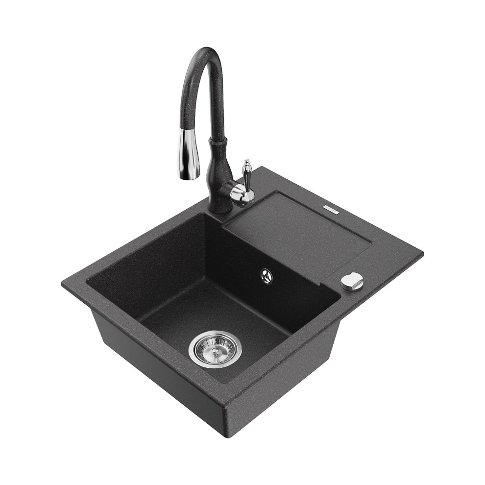 Mexen Enzo 1-Miskový Granitový DřEz S OdkapáVačEm A KuchyňSkou Baterií Savita, Skvrnitá čErná - 6506-76-672601-76-image