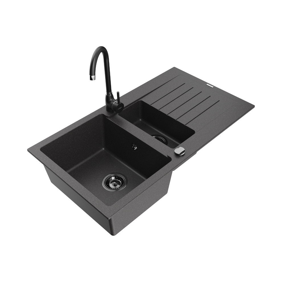 Mexen Matias 1,5-Miskový Granitový DřEz S OdkapáVačEm A KuchyňSkou Baterií Telma, Skvrnitá čErná - 6502-76-670200-70-B-image