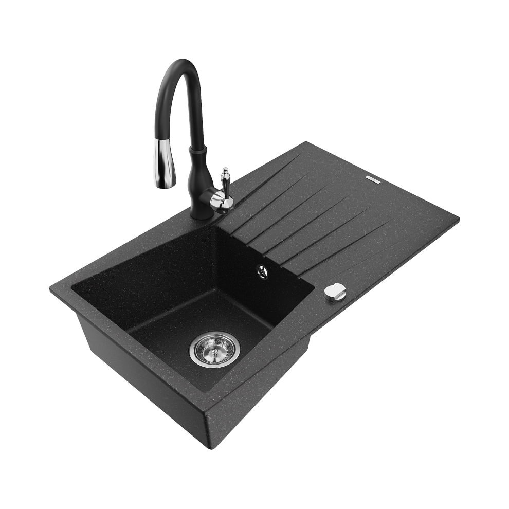 Mexen Cesar 1-Miskový Granitový DřEz S OdkapáVačEm A KuchyňSkou Baterií Savita, ČErná/StříBrná Kovová - 6514-73-672601-70-image