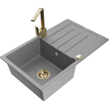 Mexen Bruno 1-miskový granitový dřez s odkapávačem a kuchyňskou baterií Rita, Šedá - 6513-71-670300-50