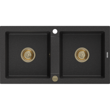 Mexen Mario 2-medencés gránit mosogató 820 x 436 mm, Fekete/Fém ezüst, szifon Arany - 6504822000-73-G