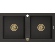 Mexen Mario 2-medencés gránit mosogató 820 x 436 mm, Fekete/Fém arany, szifon Arany - 6504822000-75-G
