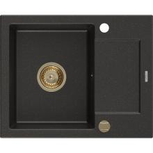 Mexen Enzo granitový jednokomorový drez s odkvapkávačom 576 x 465 mm, Čierna/Zlatá metalíza, Sifón Zlatá - 6506571005-75-G