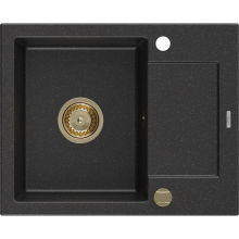 Mexen Enzo chiuvetă din granit cu 1 cameră și picurător 576 x 465 mm, negru/argintiu metalic, sifon auriu - 6506571005-73-G