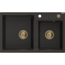 Mexen Tomas 2-medencés gránit mosogató 800 x 500 mm, Fekete/Fém arany, szifon Arany - 6516802000-75-G