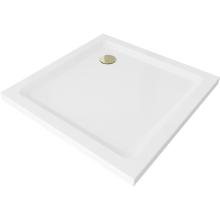 Mexen Flat štvorcová sprchová vanička slim 90 x 90 cm, biela, syfon zlatá - 40109090G