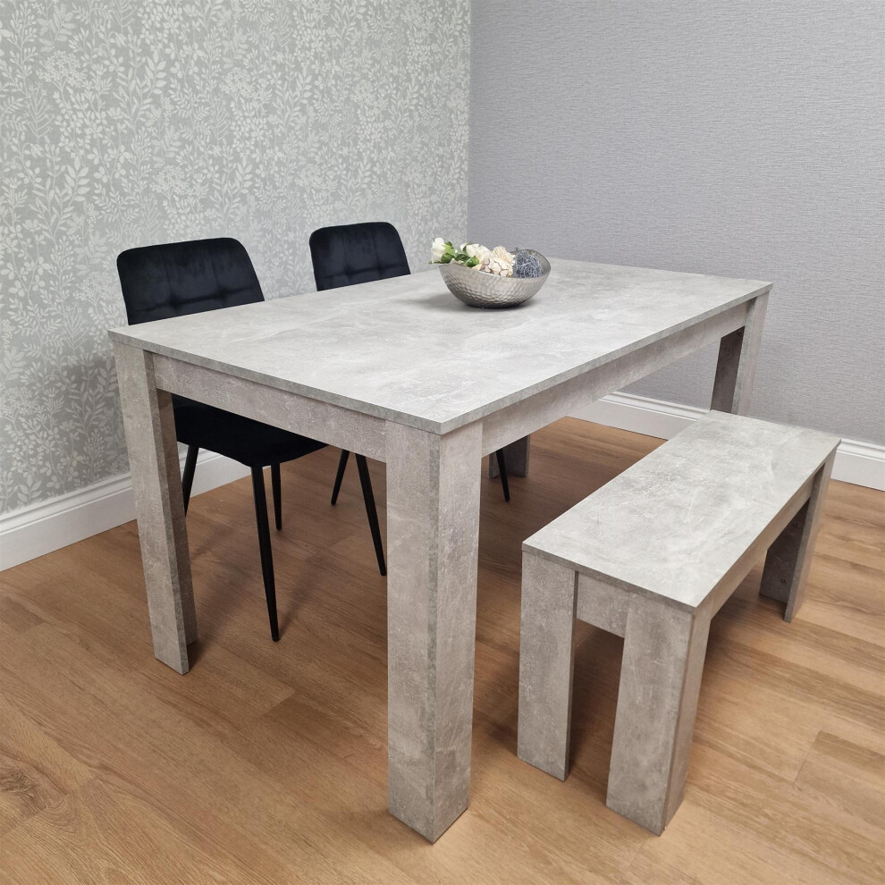 Dining Table and 2 Chairs With Bench Stone Grey Effect Wood Table 2 Black Velvet Chairs Dining Room