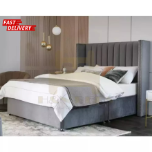 (Silver (No Mattress), 5ft King (No Drawers)) Divan Bed with 54in Wing Panel Studded Headboard, Mattress, 2 Storage Drawers Option