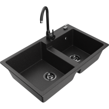 Mexen Tomas 2-Becken-Granitspüle mit Mischbatterie Telma, Schwarz/Silbermetallic - 6516-73-670200-70-B