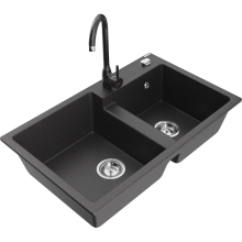 Mexen Tomas 2-Becken-Granitspüle mit Mischbatterie Telma, Schwarz gesprenkelt - 6516-76-670200-76